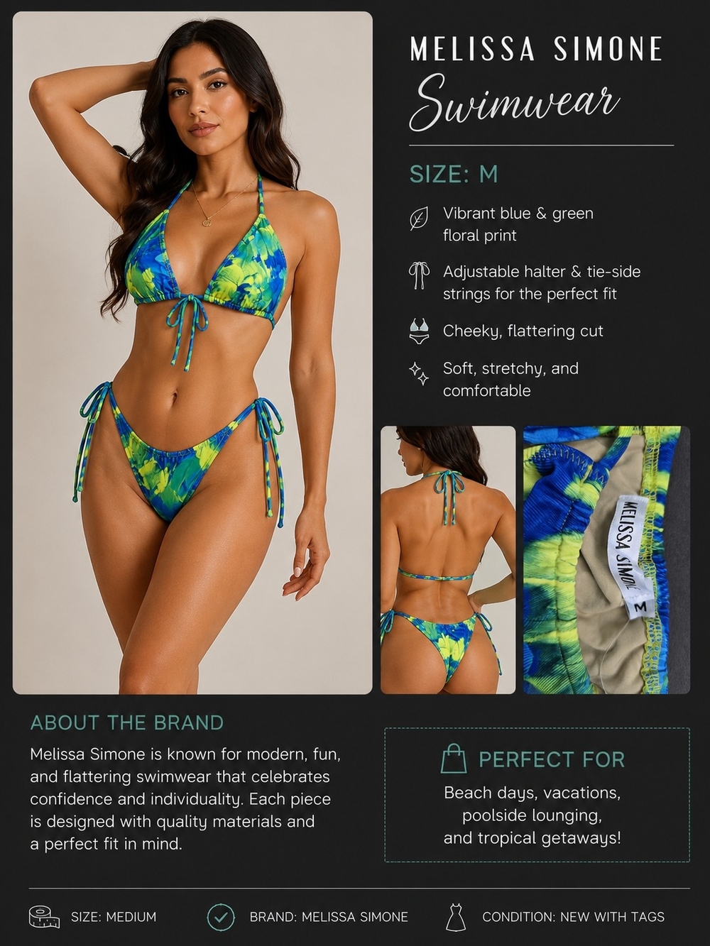 Melissa Simone Blue & Green Floral Tie-Side Bikini